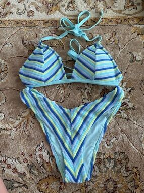 aerie Blue Multi Striped Triangle Bikini Set